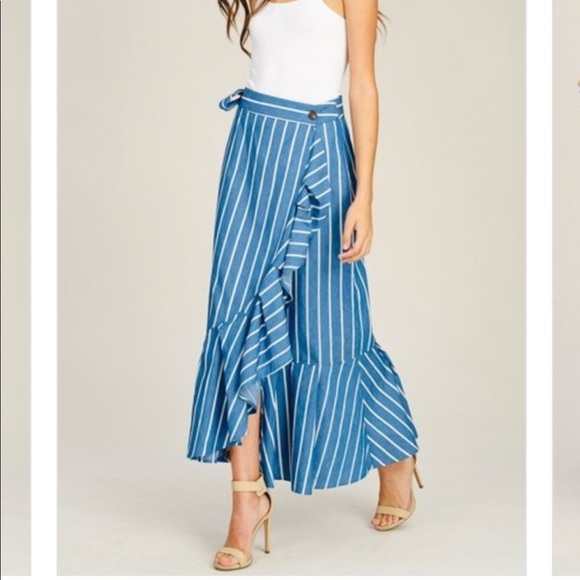 Ruffled Denim Wrap Striped Maxi Skirt - Picture 8 of 8